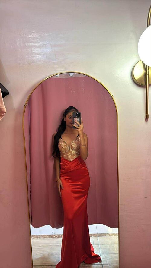 Red Gold Flower Sequin Patchwork Red High-Low Fish Tail Gown