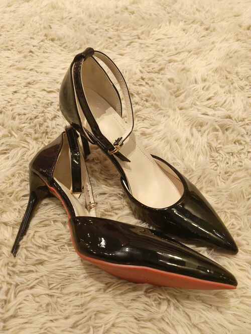 Black Stiletto Heels with Ankle Strap, Red Outsole