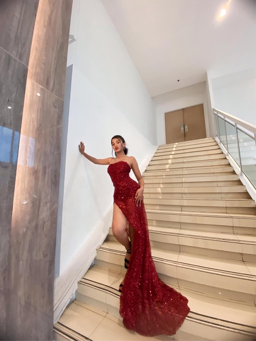 Red Tube Corset Beads Long Gown