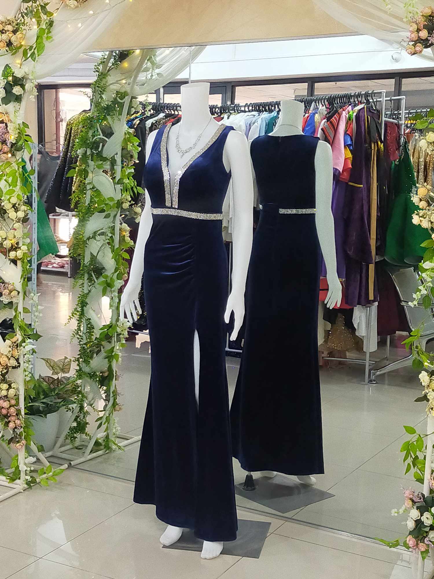 Navy Blue Velvet Silver Accent Slit Gown