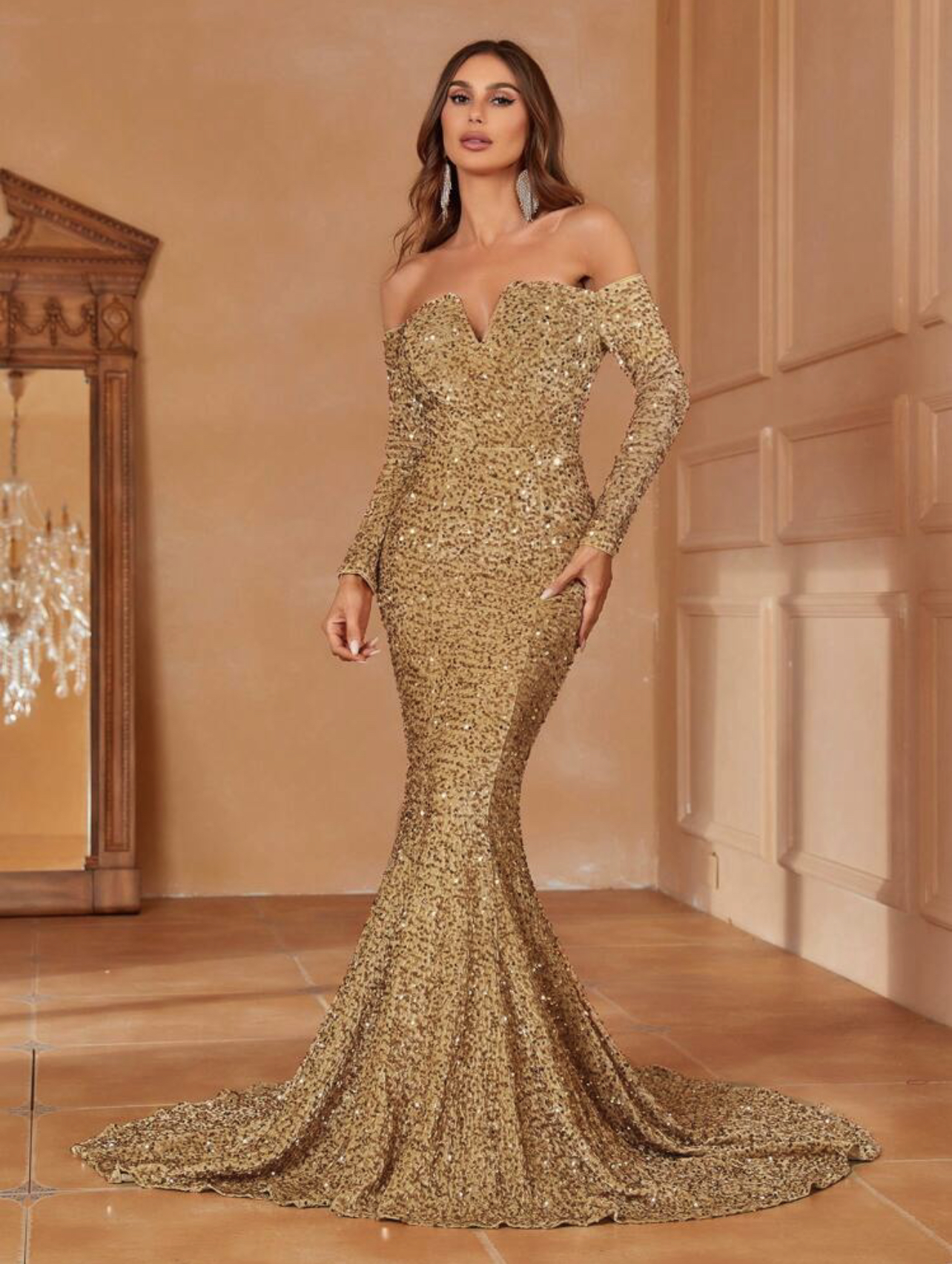 Gold Offshoulder Longsleeves Sequins Glittery Long Gown