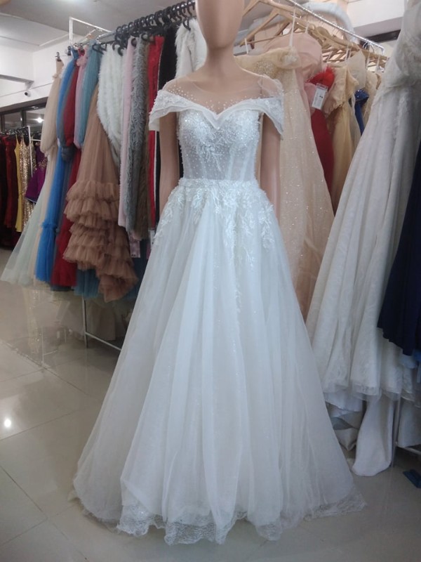 Wedding Gown Offshoulder Mesh With Flower And Beads Details