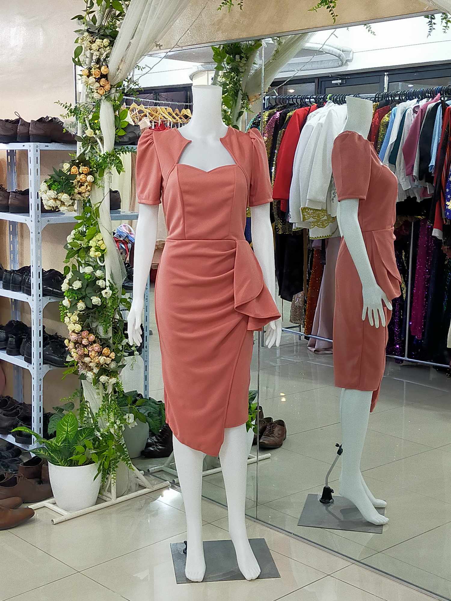 Dusty Rose Puff Sleeves Overlap Midi Dress
