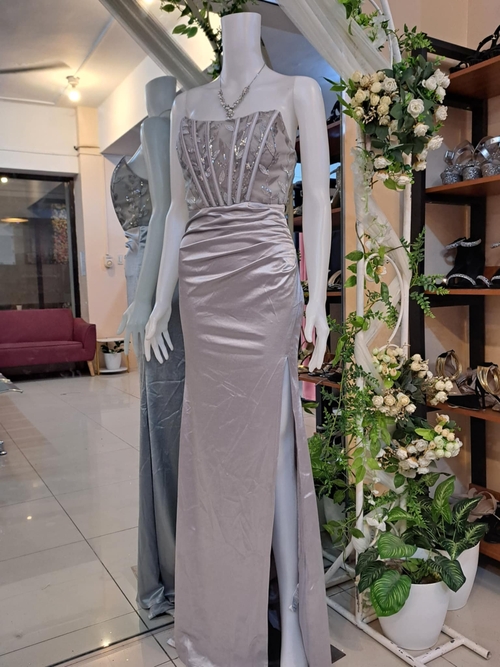 Sexy Lace Tube Splicing Fishbone Pressing Women Evening Gown 