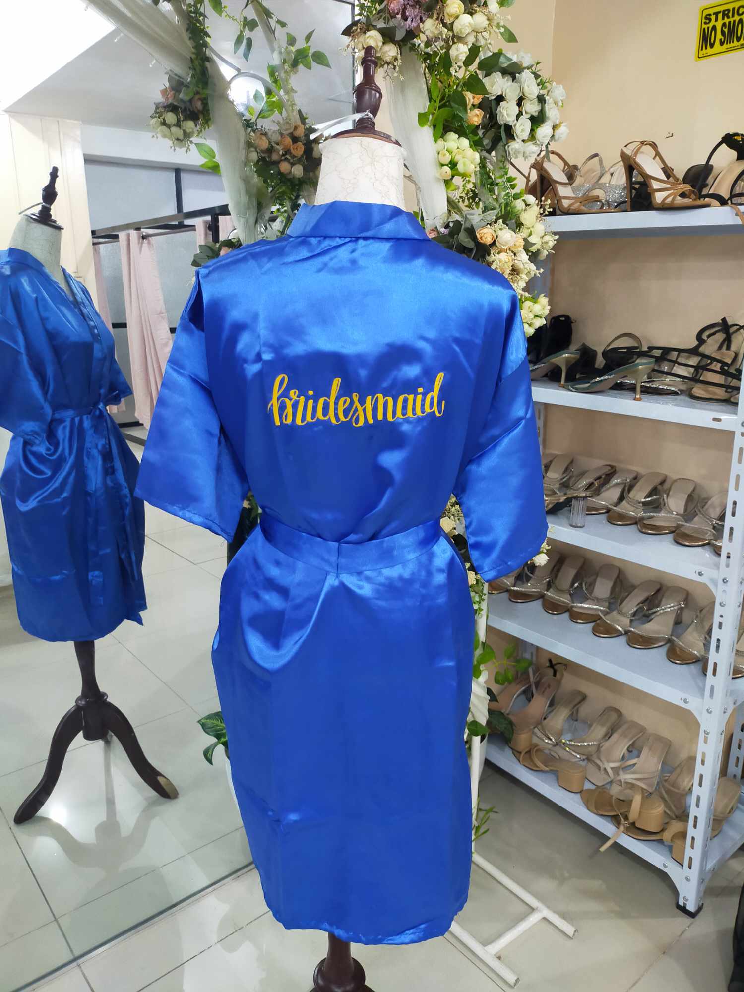 Royal Blue Satin Robe Embroidery - Bridesmaid