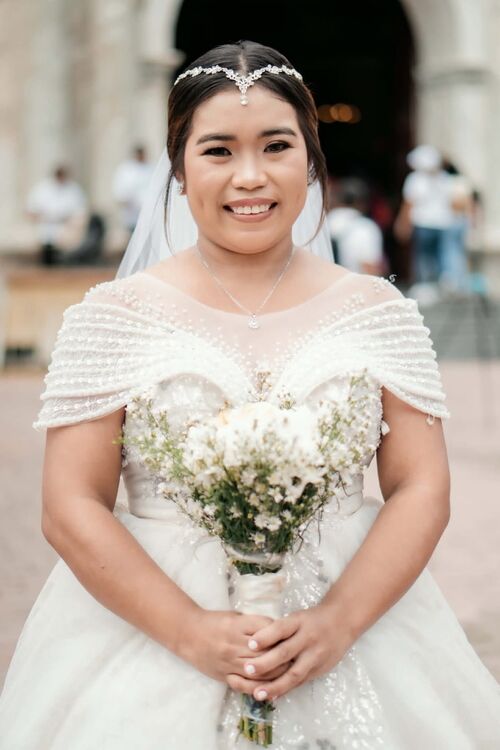 Offwhite Off shoulder Cleavage Mesh Covered Beads Wedding Gown
