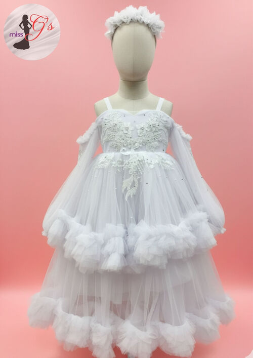 White Puffy Flowery Long Sleeves Gown for Kids 