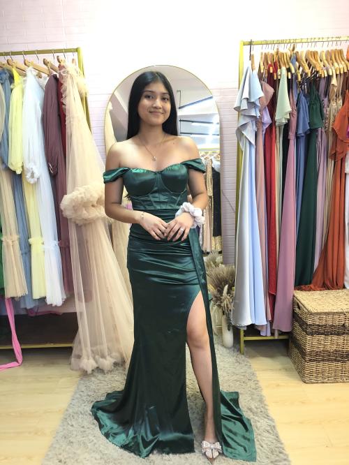 Emerald Green Off Shoulder Slit Draped Side Bustier Satin Bridesmaid Gown
