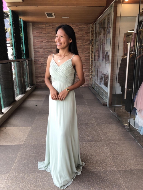 Sage Green Spaghetti Strap Chiffon Slit Bridesmaid Gown