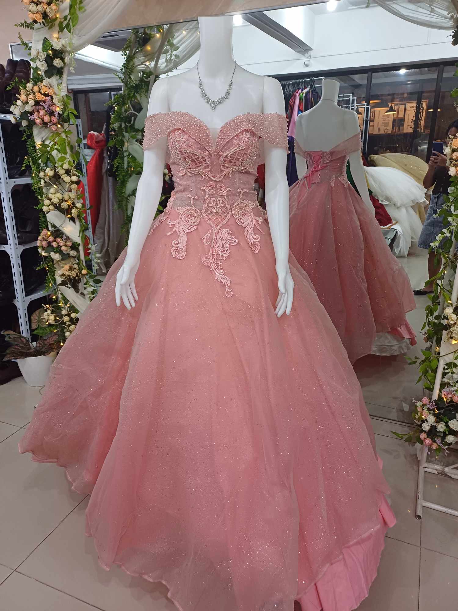Baby Pink Offshoulder Flower Ball Gown