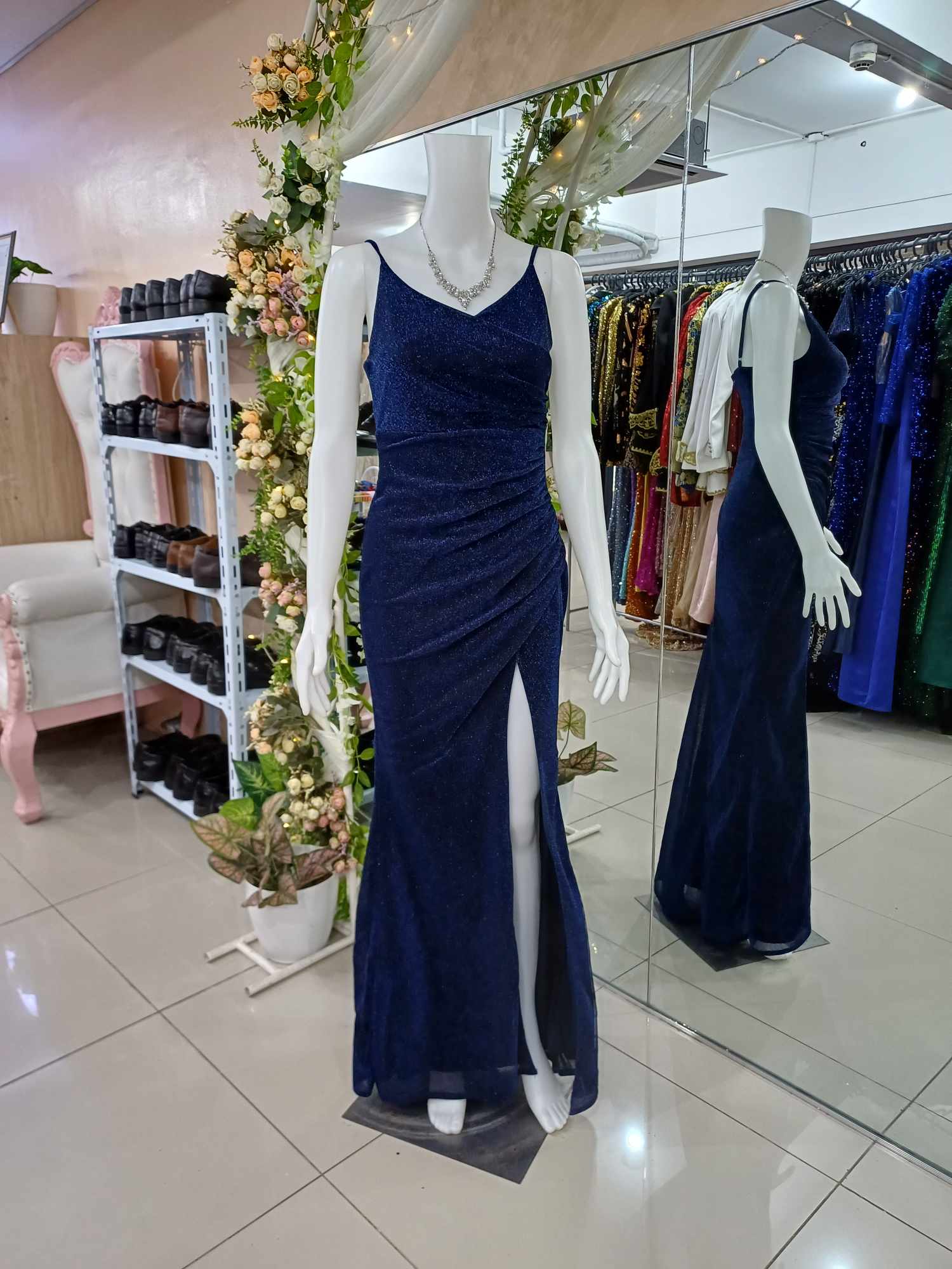 Dark Blue Sleeveless Glittery Slit Gown