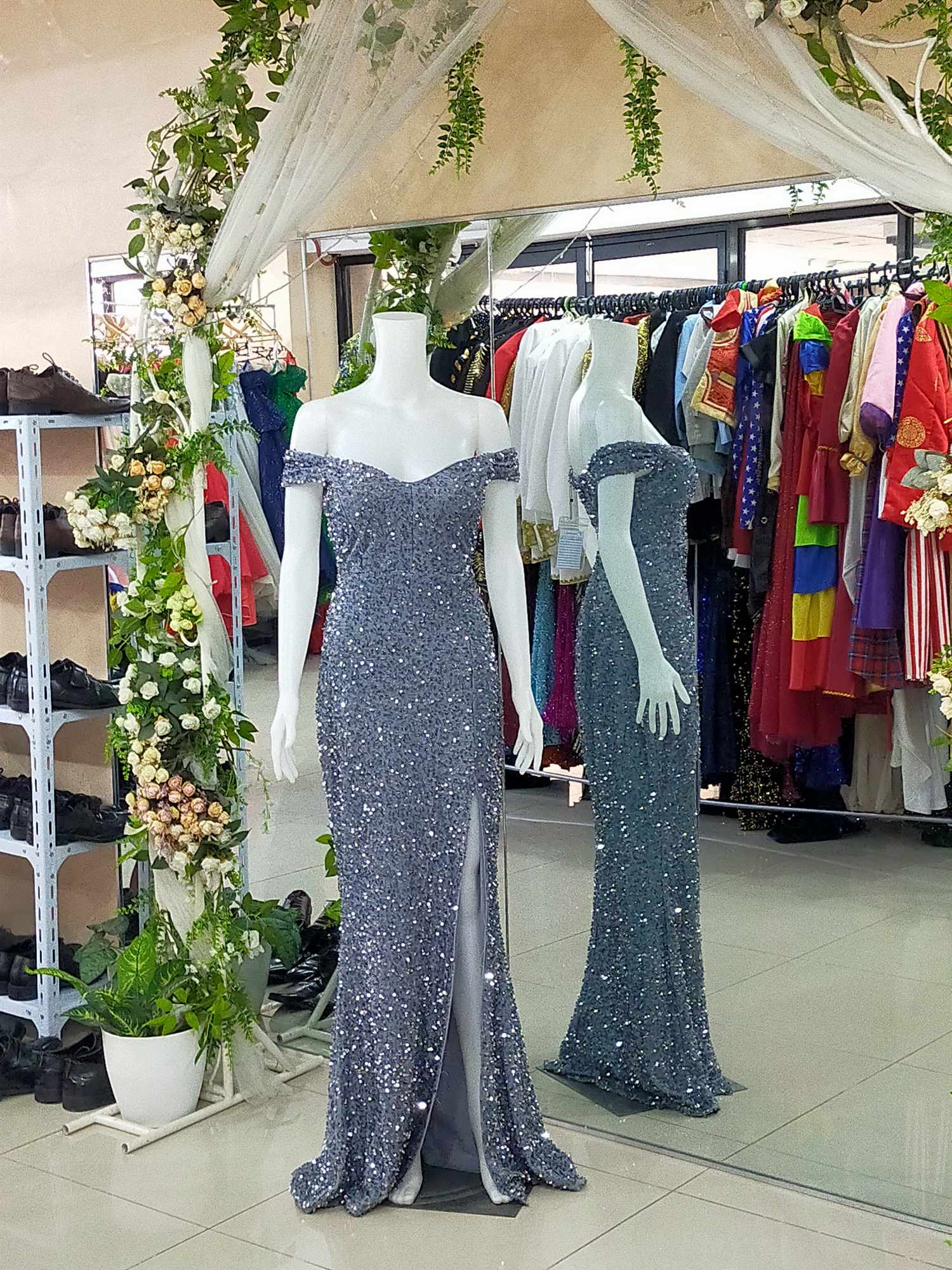 Silver Gray Offshoulder Sequins Glittery Slit Gown