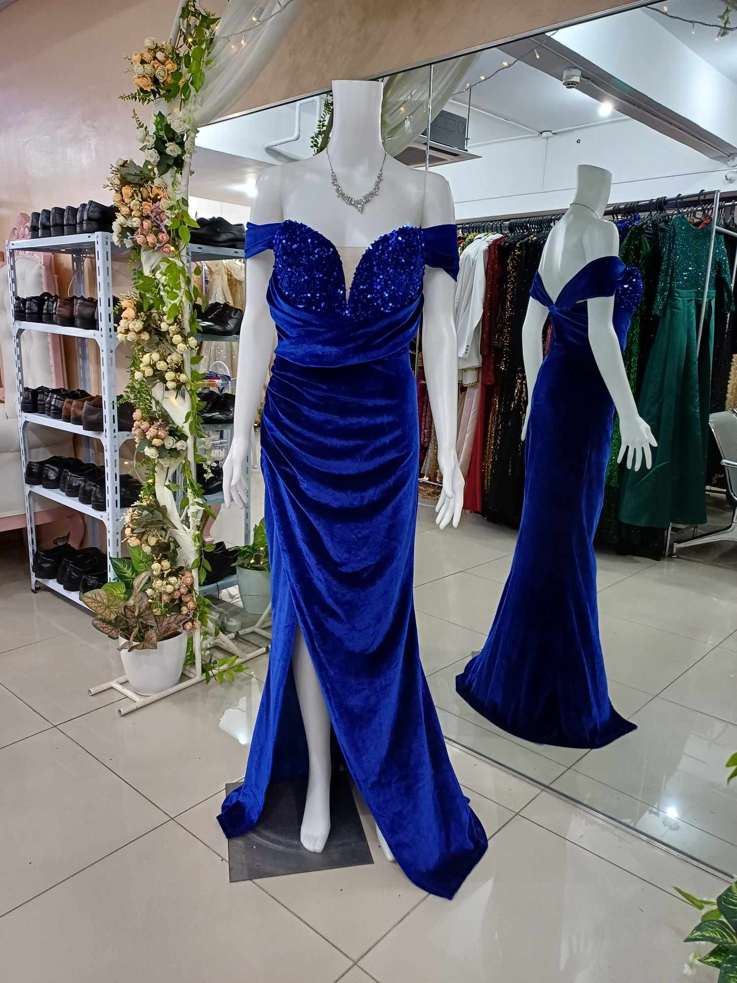 Plus Size Royal Blue OffShoulder Sequins Glittery Slit Long Gown