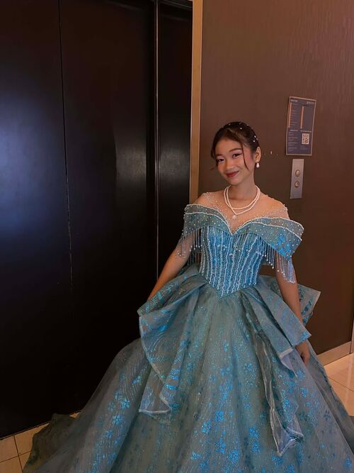 Teal Blue Off Shoulder Tassel Beads Ball Gown 