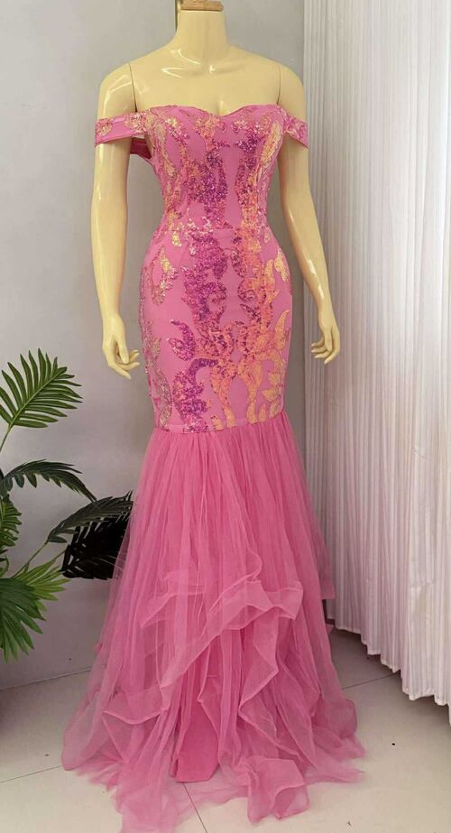 Pink Sequins Sexy Off shoulder Bodycon Mermaid Gown