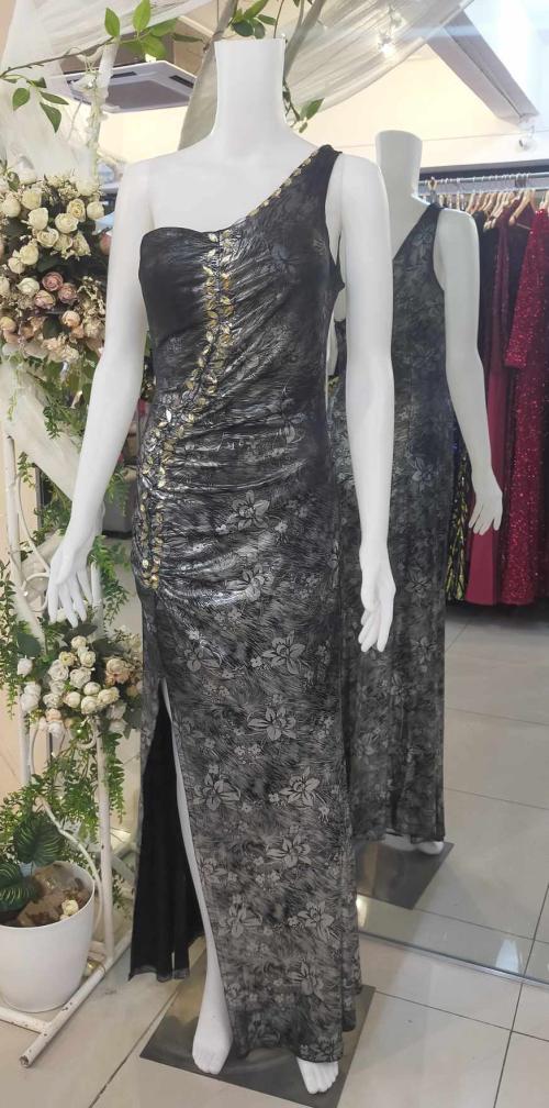 Black Gray One Shoulder Slit Gown