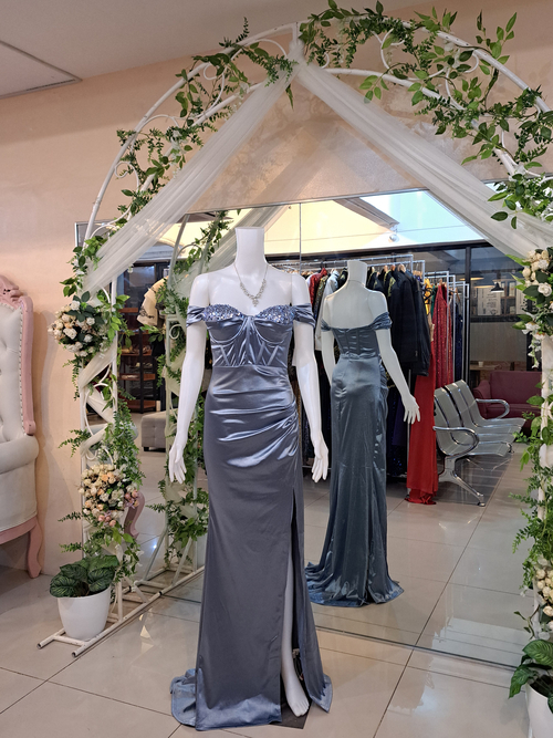 Dusty Blue offshoulder satin gown