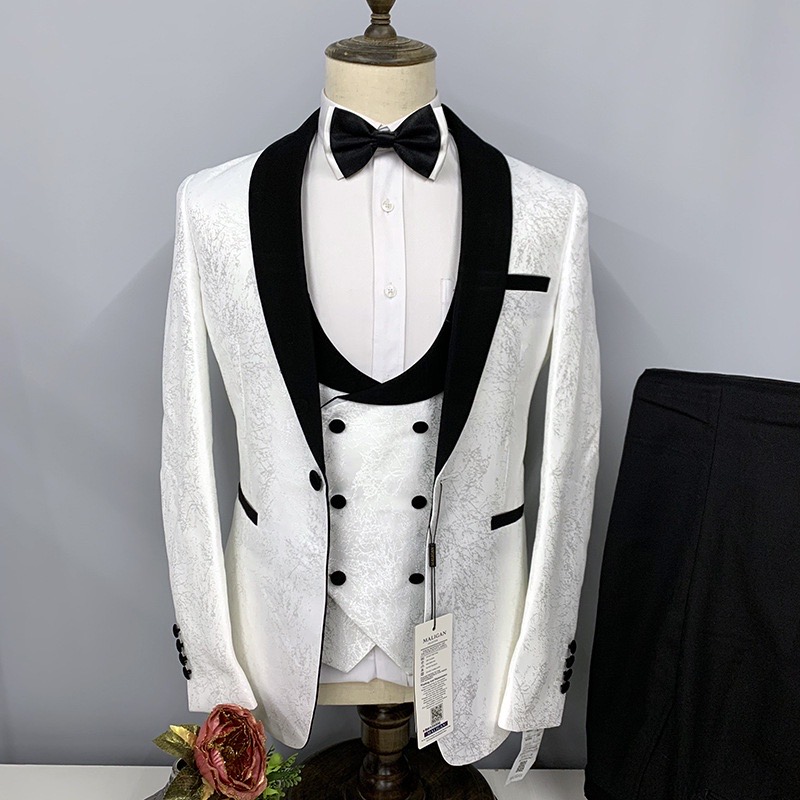 Plus Size with Vest Black White Glittery Prince Tuxedo Suit