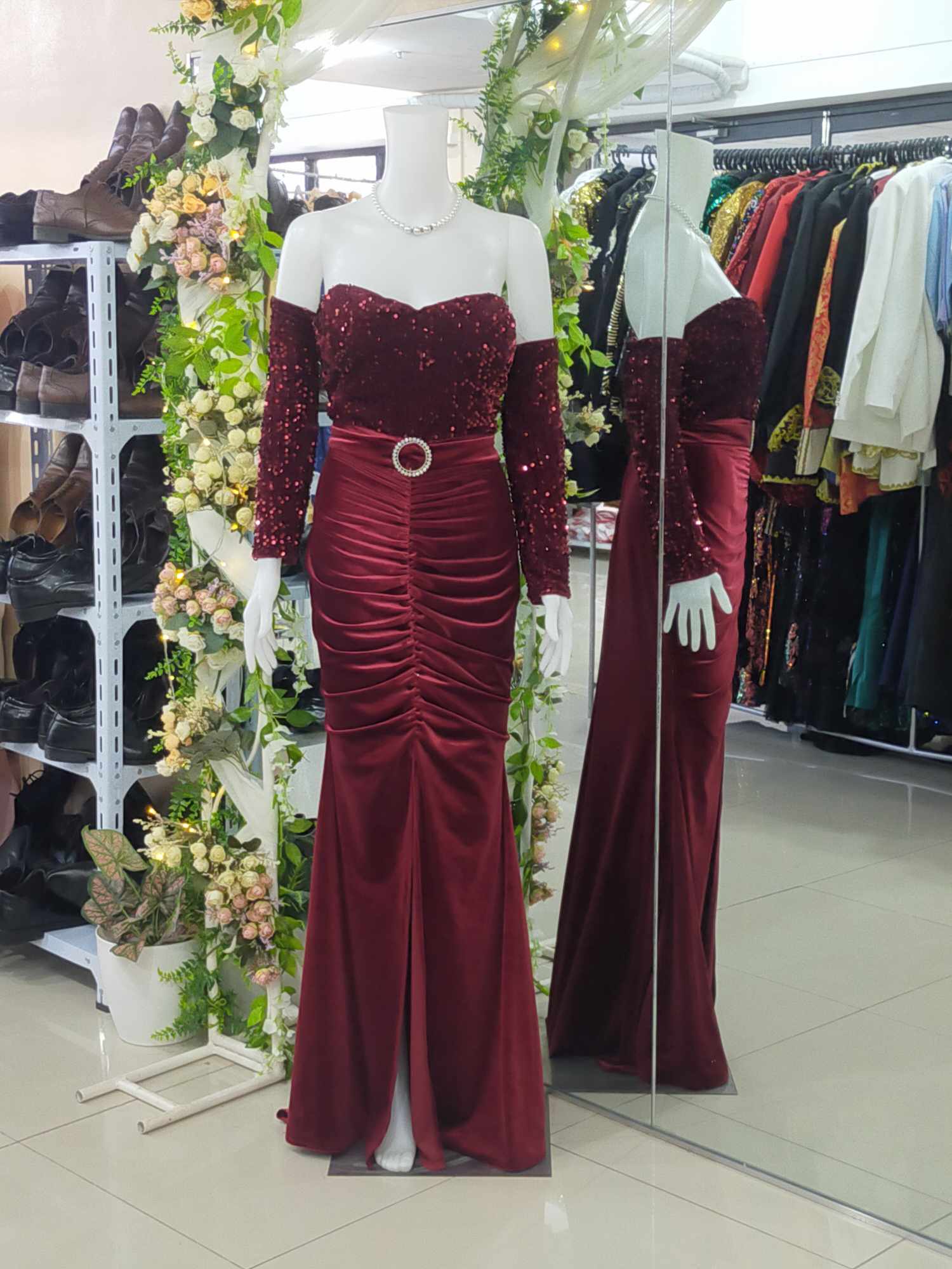 Plus Size Burgundy Offshoulder Longsleeves Velvet Sequins Glittery Gown