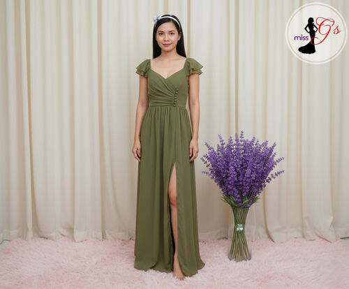 Olive Green Ruffle Sleeve Bridesmaid Gown with Buttons 