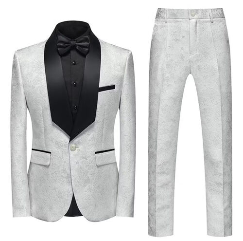 White Royal Inspired with Black Lined Collar Glittery Suit 