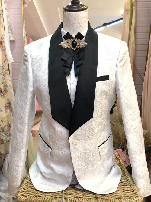 White Royal Inspired with Black Lined Collar Glittery Suit 