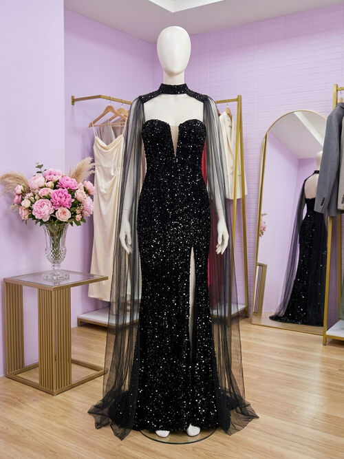 Black Tube with Cloak Sleeve Sequins Glittery Gown