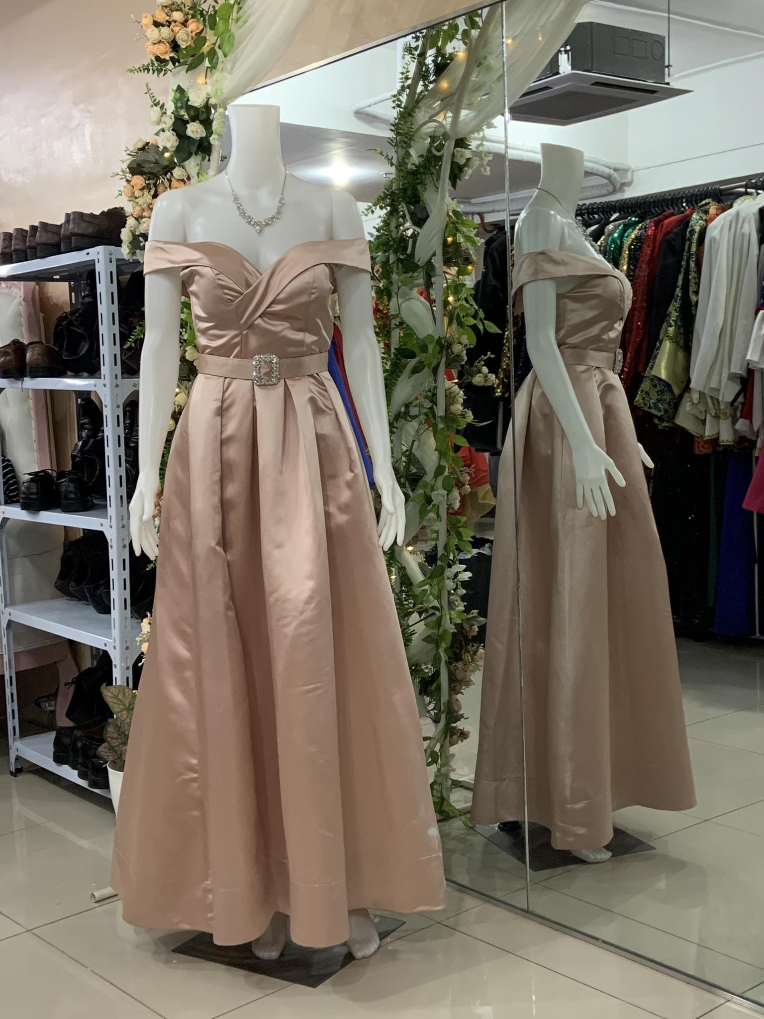 Nude Satin Offshoulder Slit A-Line Gown