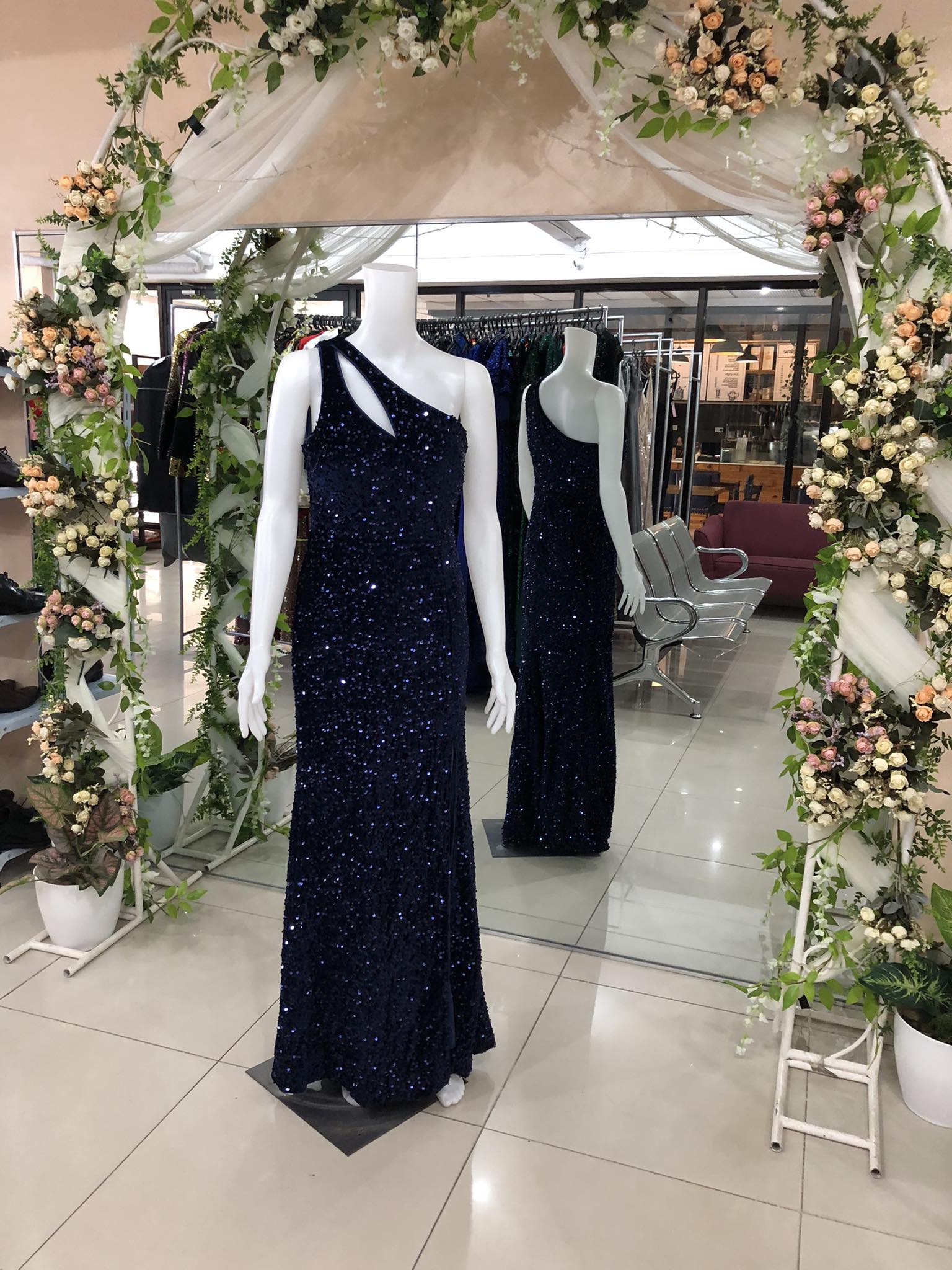 Navy Blue One Shoulder Front Slit Chest Long Gown