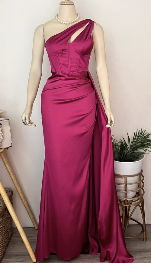 One Shoulder Pink Satin Corset Style With Drape Long Gown