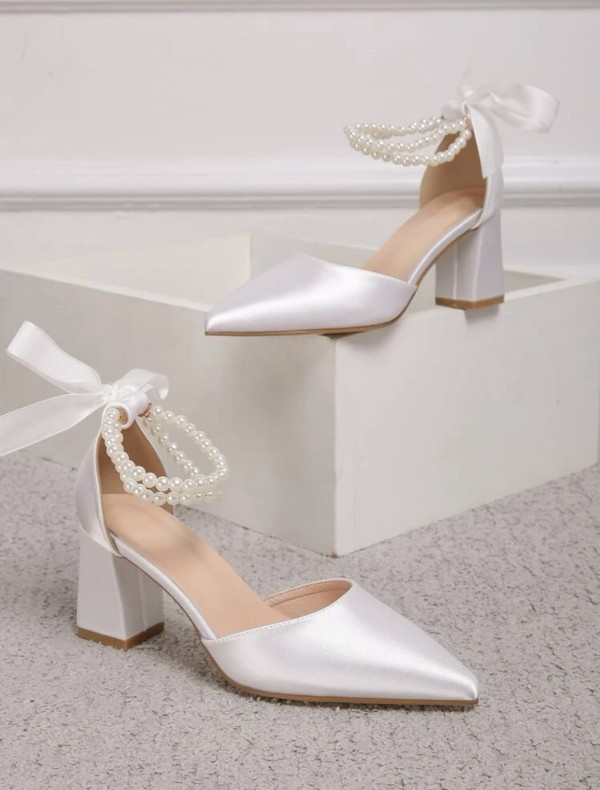 White Satin 2 Pearl Line Bridal Shoes Heels