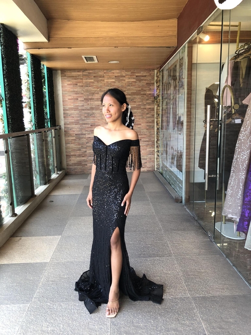 Plus Size Black Corset with Tassel Decor Glittery Long Gown