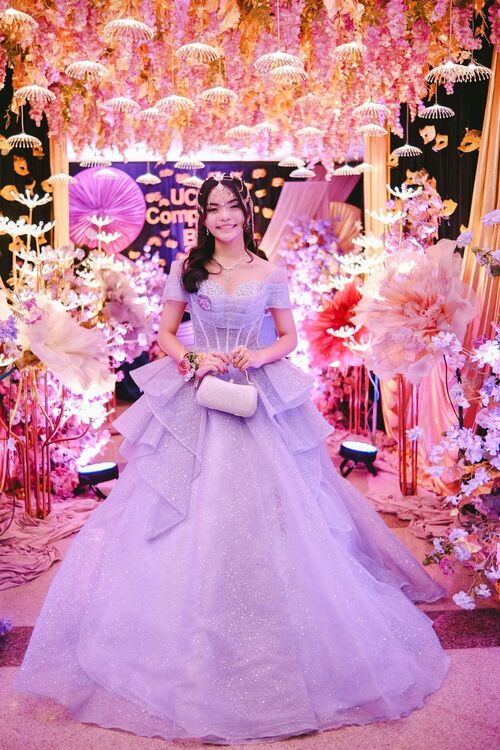 Lavender Off Shoulder Ruffle Skirt Corset Ball Gown