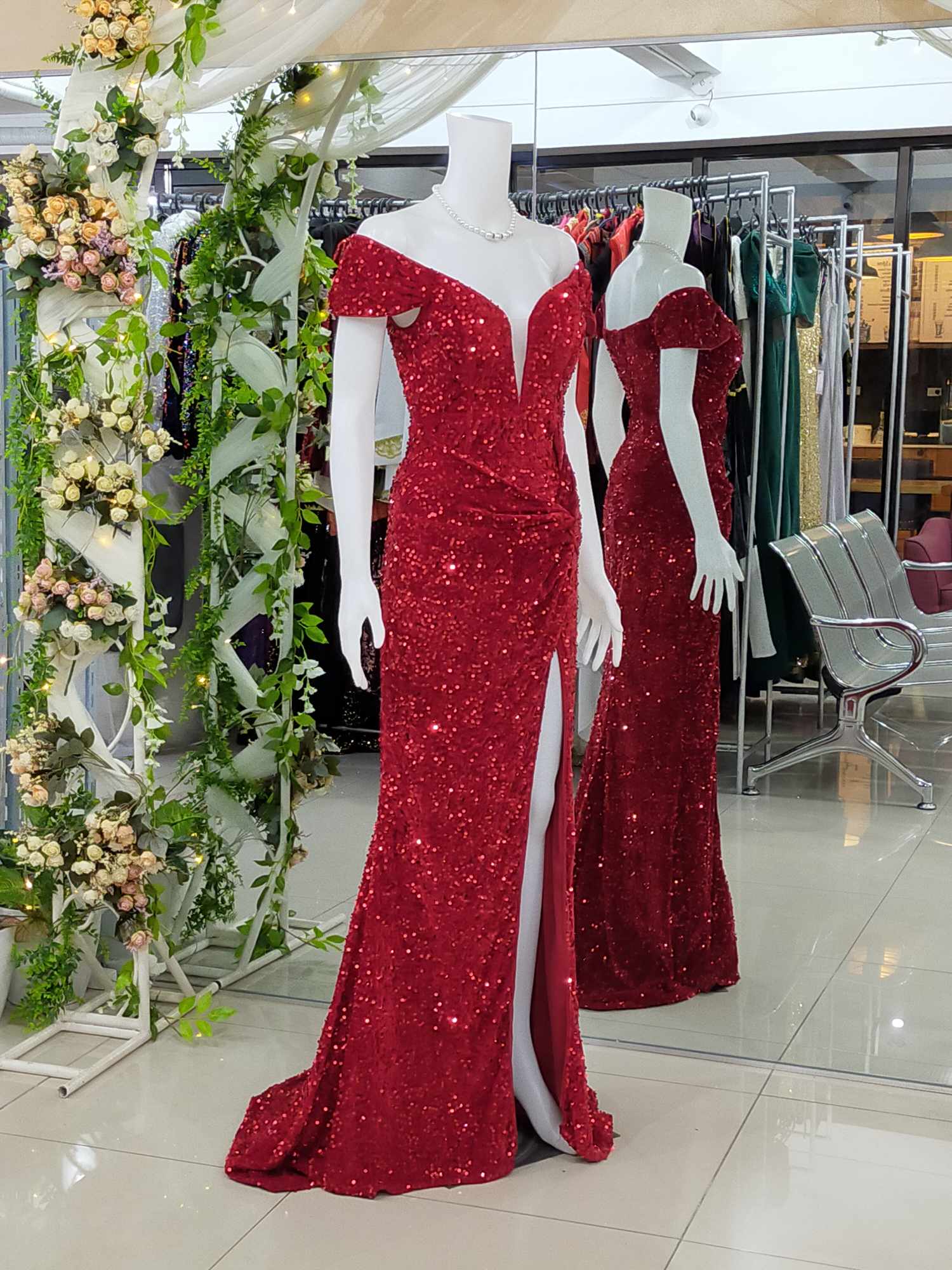 Red Offshoulder Cleavage Sequins Glittery Long Gown