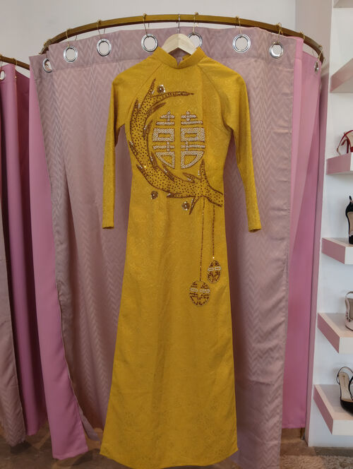 Long Dress Yellow Brocade Vietnamese Chinese National Costume 