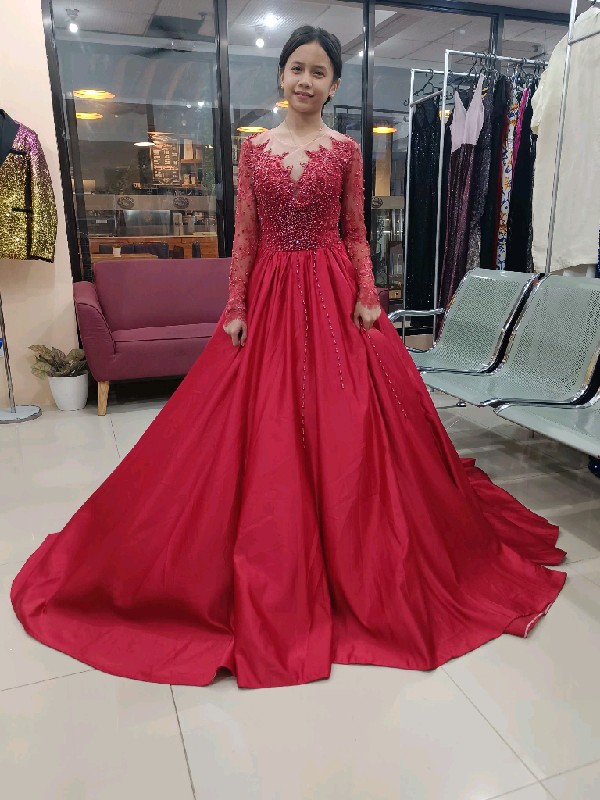 (SALE) Dark Red longsleeve Ball Gown
