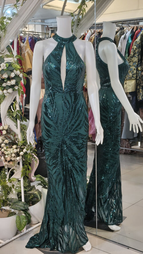 Emerald Green Halter Center Mesh Glittery Long Gown