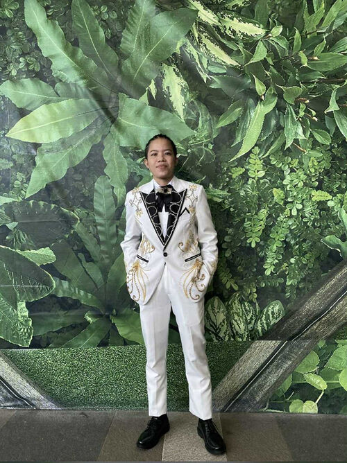 White Tuxedo with Black Collar & Gold/Silver Veins Sequins Designs