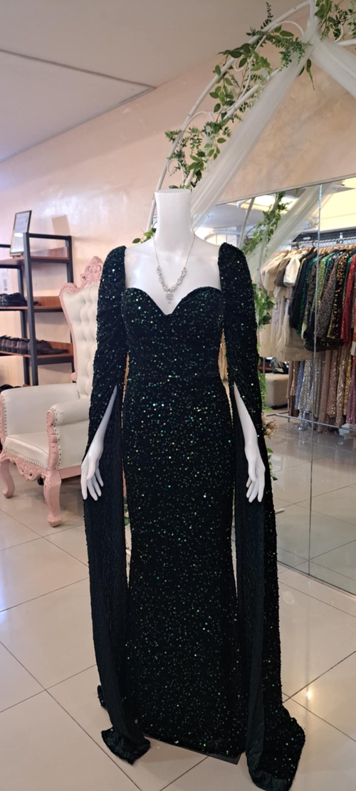 Emerald Green Long sleeves Drape Long Gown