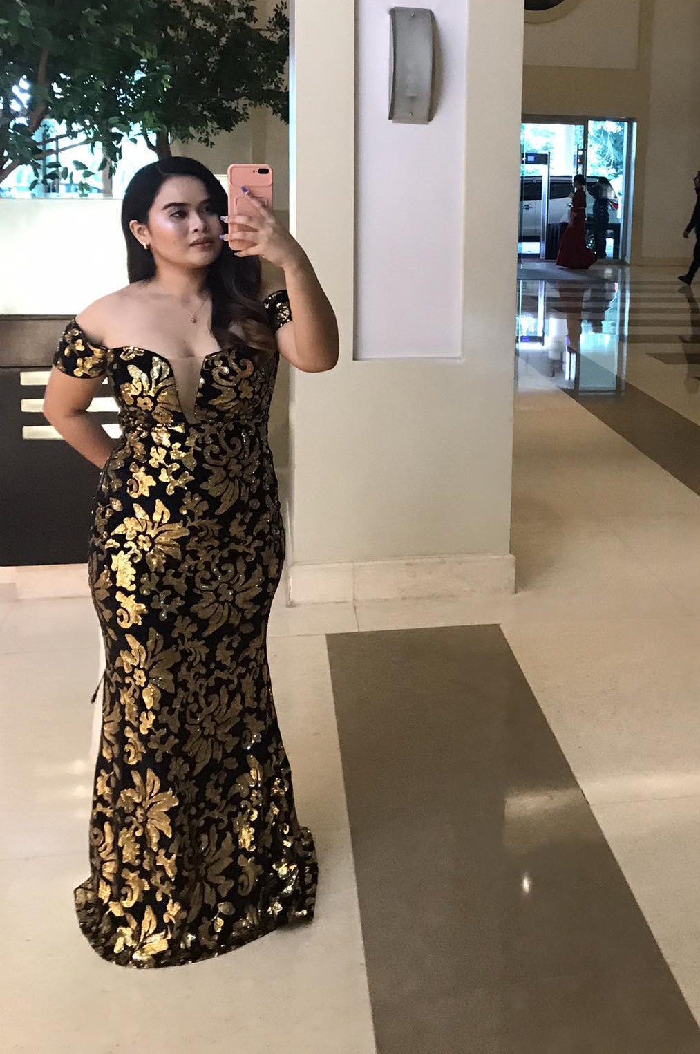 Plus Size Black Gold Floral Sequins Glittery Bodycon Gown