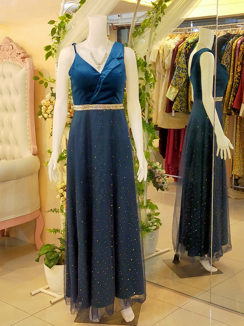 Blue Sleeveless Spag Velvet A-line Blue Gown