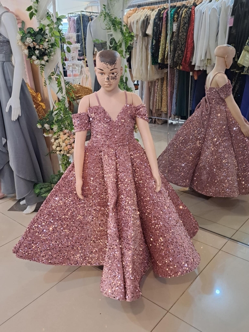Old Rose Umbrella Sequins Ball Gown For Kids