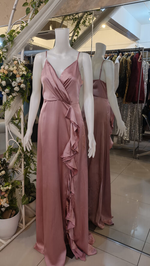 Satin Old Rose Spaghetti Front Ruffle With slit Bridesmaid Gown