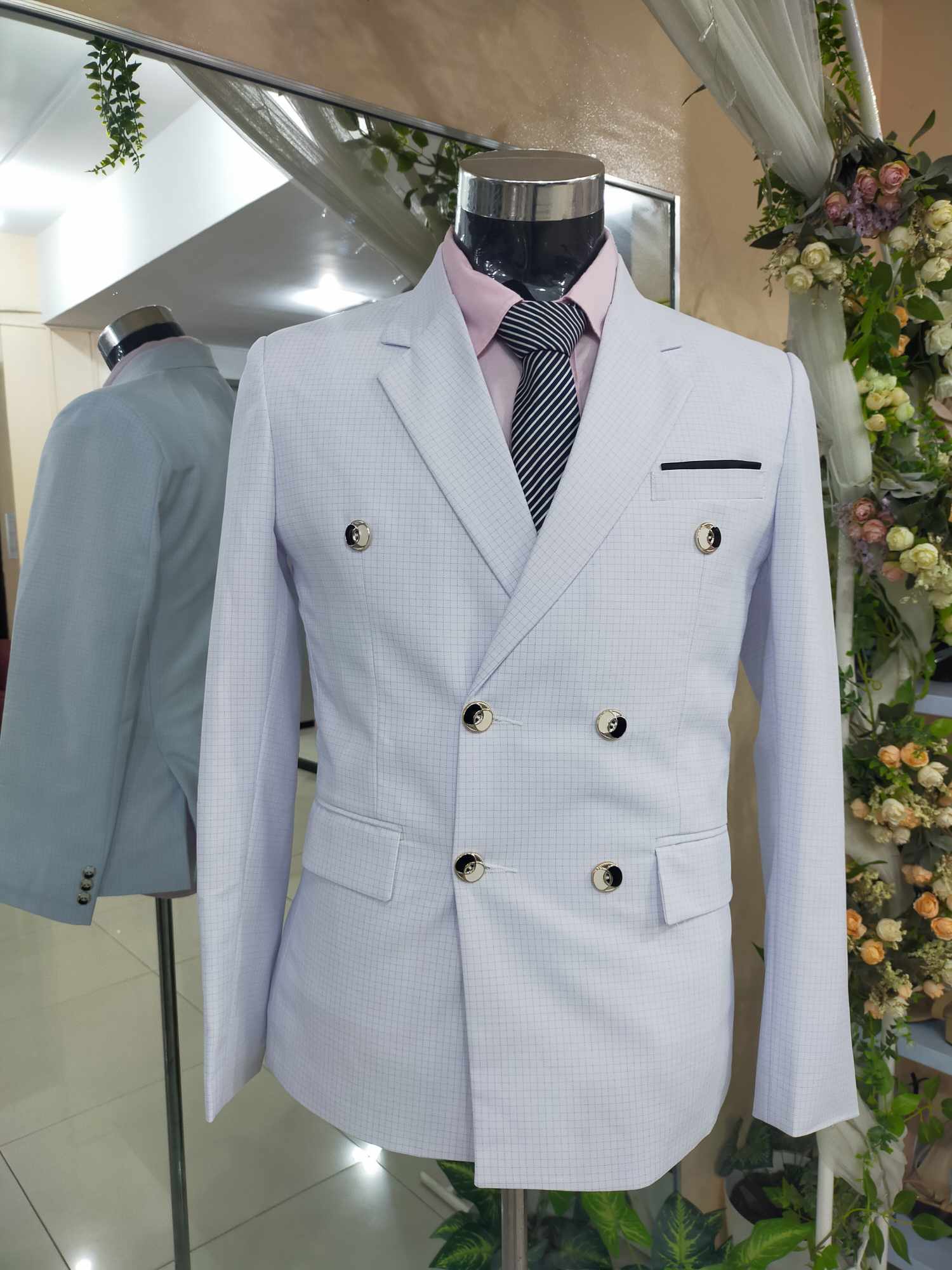 White Plaid Double-breasted With Black Ribbon-6B Suit / Tuxedo Set