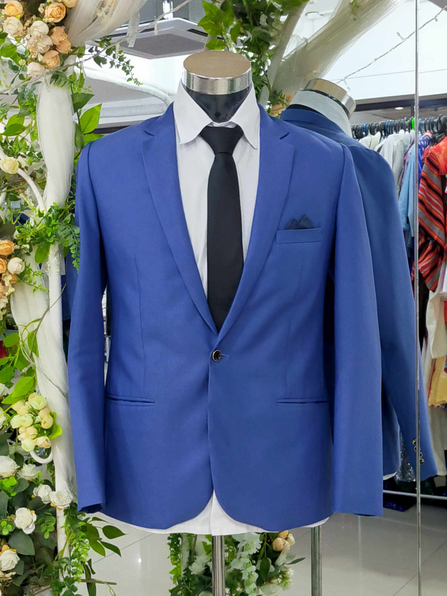 Dusty Blue Black Ribbon Pocket White Diamond Dots Tuxedo Suit
