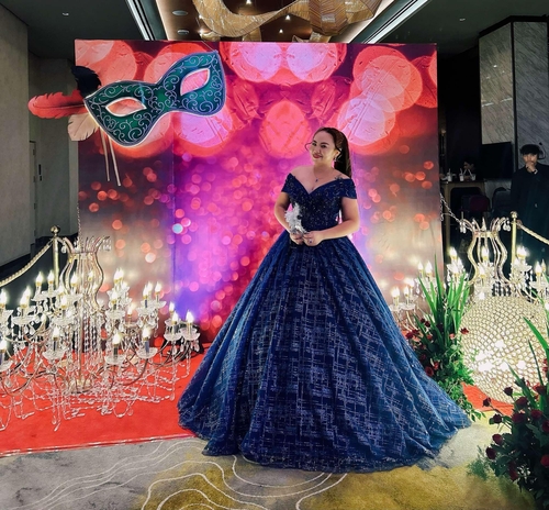 Navy Blue Glittery Offshoulder Ball Gown