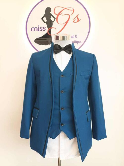 Teal Blue Mandarin Collar Three-piece Suit With Black Piping.