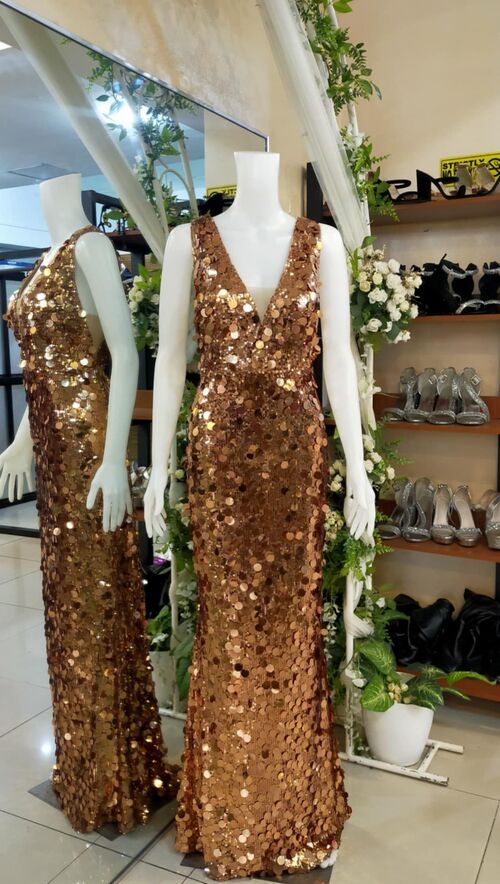 Plus Size Gold Large Sequined Spaghetti Gown