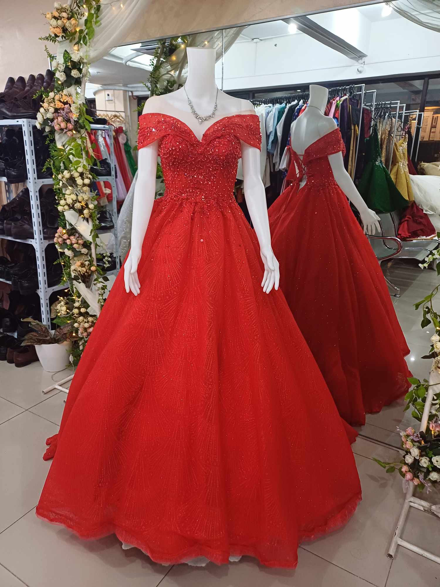 Bright Red With Mesh Ball Gown