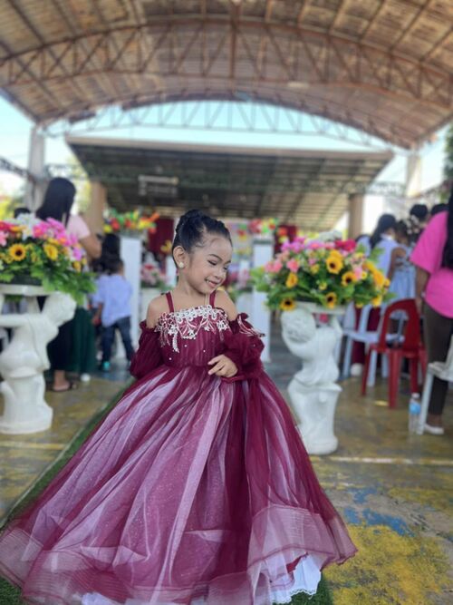 Maroon Puffy Flowery Pearl Long sleeves Gown For Kids
